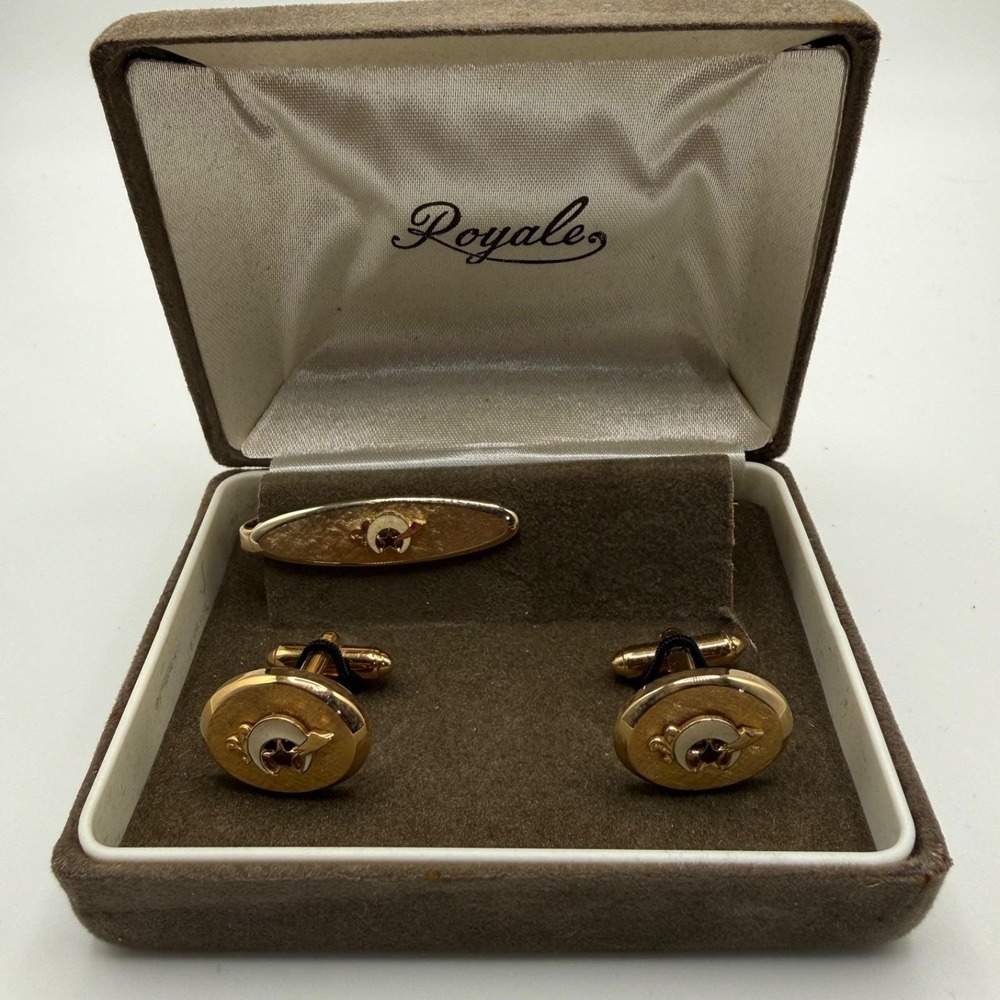 Vintage Royale Gold Tone Cufflinks Tie Bar Set Vintage Men's Formal Jewelry‎